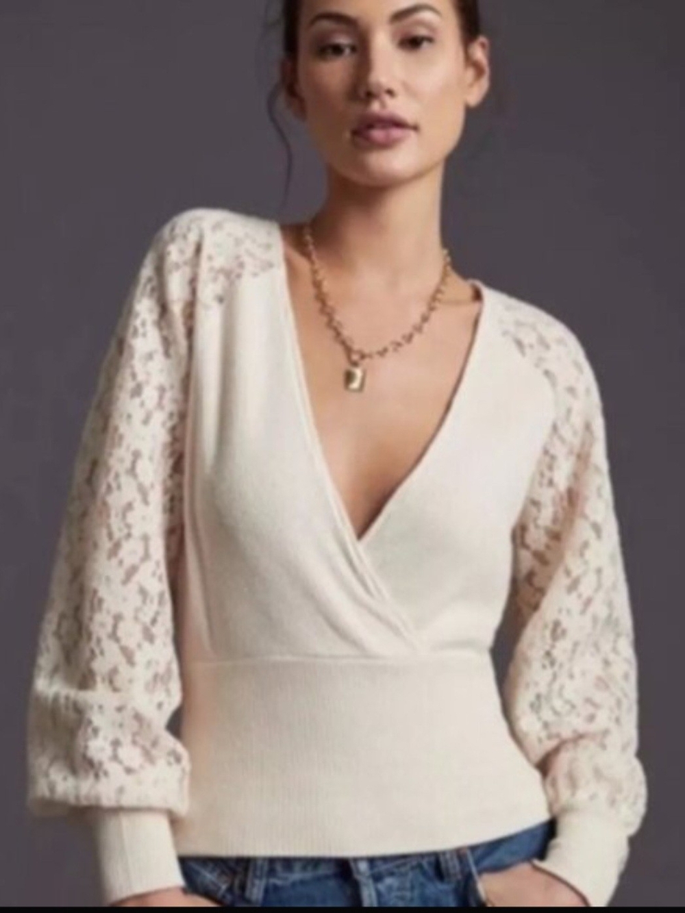 Anthropologie Lace Sleeve Ribbed Faux Wrap Blouse Cream M